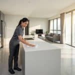 Professional cleaner performing comprehensive end-of-tenancy move-out cleaning in a Singapore rental apartment